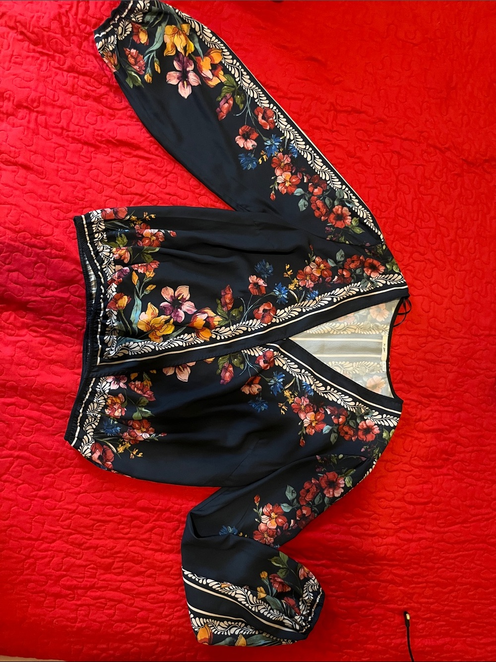 Mossimo Supply Co. Navy Floral V-Neck Blouse with Red and Green Accents